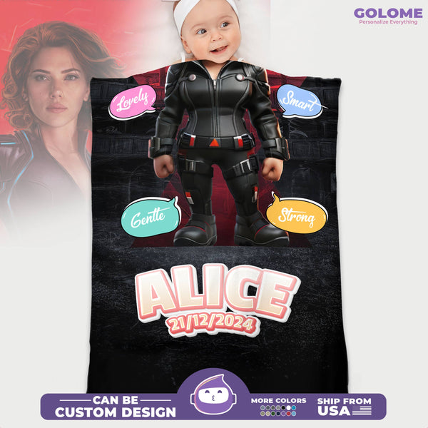 Personalized Stealth Girl Baby Blanket – Custom Superhero Name, Date & Background Options